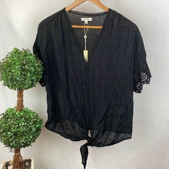 Max Studio Black Short Sleeve Peasant Boho Bohemian Top Blouse NEW L - Picture 1 of 6